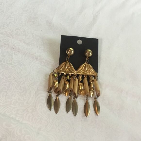 Goldtone  and Bamboo Earrings - Picture 1 of 2